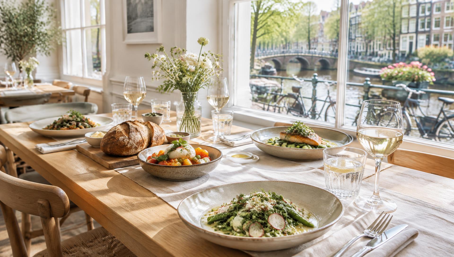 Een licht gedekte lunchtafel met uitzicht op een binnenstad in daglicht